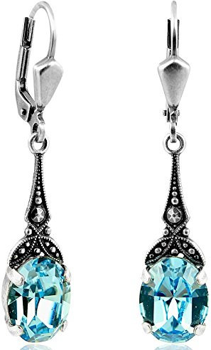 Jugendstil Ohrringe Silber Markenkristalle Aquamarin Blau NOBEL SCHMUCK