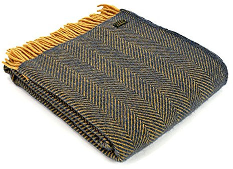 Tweedmill Textiles Herringbone pure new wool blanket throw rug - Navy/Mustard BRITISH MADE