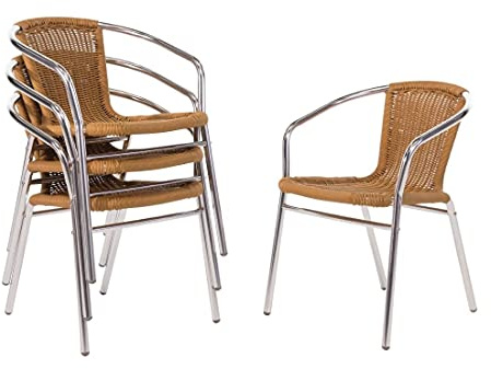 Bolero Lot de 4 Chaises en Aluminium et Rotin Naturel, Argent et Marron, Structure en Aluminium, Assise en Rotin PE, Empilables, Hauteur d'Assise 450 mm, Chaises en Rotin pour Terrasse, U422