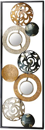 Kobolo Metall-Wandbild Wanddeko Metallbild - mit Ringen, Kreisen und Spiegeln - 90x31 cm
