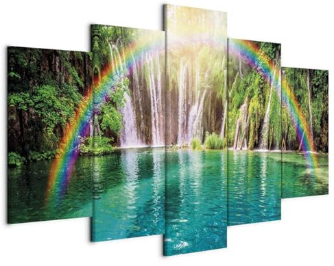 B&D XXL - Leinwandbilder 200x100 cm - Leinwand Bilder Vlies Leinwandbild 5 TLG Kunstdruck modern Wandbilder Groß XXL Wohnzimmer Wanddekoration Design Wand Bild Wasserfall Regenbogen c-A-0071-b-n.