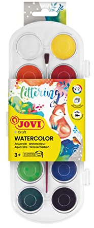 Wasserfarbkasten JOVI, Wasserfarben Aquarellfarben mit Pinsel | ungiftig und waschbar, 30 mm, inkl. Borstenpinsel, für Basteln und Schule