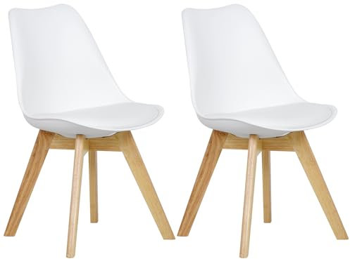 WOLTU Esszimmerstühle 2er Set, Skandinavische Küchenstühle mit Massivholz Beinen, Retro Design, Sitzfläche aus Kunstleder, bis 150 kg belastbar, Weiß