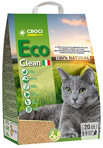Croci Eco Clean Litter 20 L – klumpande kattsand, biologiskt nedbrytbar, spolar ner toaletten, 100% grönsaker, långvarig antilukt sand