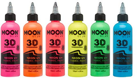 UV Glow Moon Glow Neon UV-Stofffarbe, 6er-Set, T-Shirt/Textilmalerei, Batikfärbung, Stoffdesign (Rosa, Orange, Gelb, Grün, Rot, Blau, 125 ml (6er-Pack))