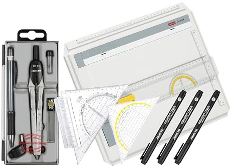 Aristo VD87120 Zeichenplatten Set 2 (AR70442 Geo Board Zeichenplatte A4, AR7090 Schnellzeichendreieck, AR80084 Zirkel 5-teilig, AR23513 College Pigmentliner 3er-Set, AR1552 Geodreieck 16 cm)