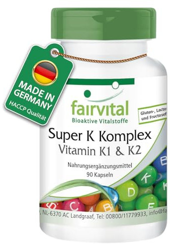Fairvital | Vitamin K Komplex - 90 Kapseln - Super K mit Vitamin K1 & K2 MK-7-2200µg Vitamin K pro Kapsel - HOCHDOSIERT - Phytomenadion + Menaquinon MK-7 - VEGAN