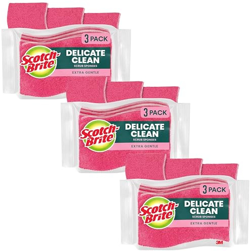 Scotch-Brite Delicate Care Scrub Sponges, 9 Count (3 Packs of 3) – Non-Scratch Cleaning for Glassware, Non-Stick Cookware
