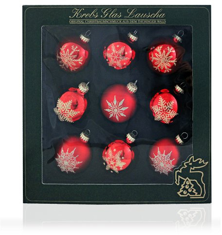 9er Set Weihnachtskugeln Christbaumkugeln Kugeln rot mit Sternen und Schneeflocken, Kugelsortiment mundgeblasener Baumschmuck aus Glas Ø ca. 8 cm