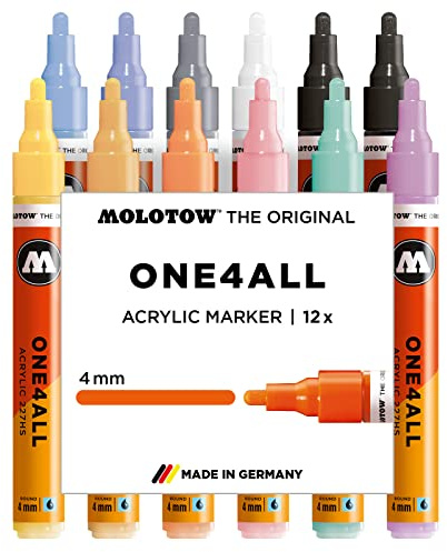 Molotow One4All 227HS Acrylic Pens, High Opacity and Permanent, UV-Resistant for Almost All Surfaces Pastel Pen Box 12 Stück Multicoloured