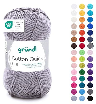 Gründl Wolle Cotton Quick uni - dünne Wolle zum Häkeln - Strickgarn - Häkelgarn - Glänzend und hautfreundlich - 100 % Baumwolle - 1 Knäuel 50 g / 125 m - Nadelstärke 3 - 4 - Silbergrau