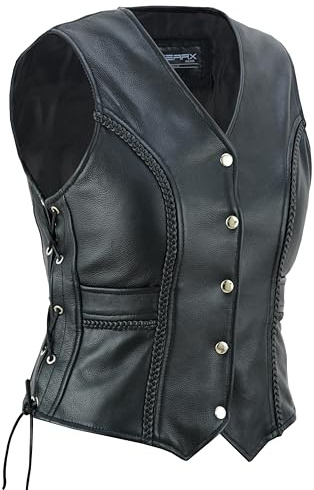 GearX Gilet en cuir pour femmes, gilet 4 moto Cruiser Biker Style Harley, lacets latéraux, XL