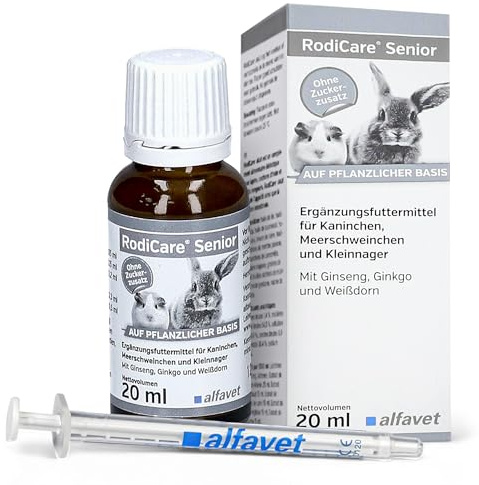 alfavet RodiCare Senior for Rabbits, Guinea Pigs & Small Rodents (20 ml) – Senior Support Supplement – With Ginseng, Ginkgo & Hawthorn – Liquid Tonic with Dosing Syringe