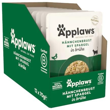 Applaws Comida para Gatos 100% Natural con Pechuga de Pollo y Espárragos en Caldo para Gatos Adultos - 12 Sobres de 70g
