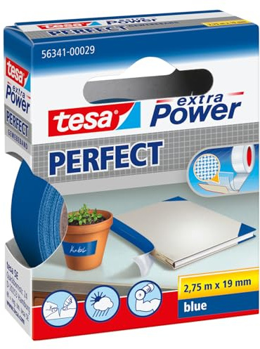 tesa Extra Power Perfect - Cinta de Reparación Reforzada en Tela para Confeccionar, Reparar, Fijar, Reforzar y Etiquetar - Azul - 2.75 m x 19 mm