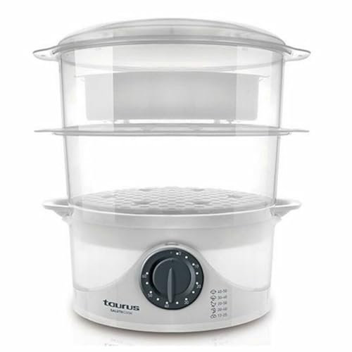 Taurus Salutecook - Vaporera, 800W, 6 l de capacidad, 3 pisos, temporizador de 1 hora, 1 litro de capacidad de agua, accesorio para cocer arroz, blanco