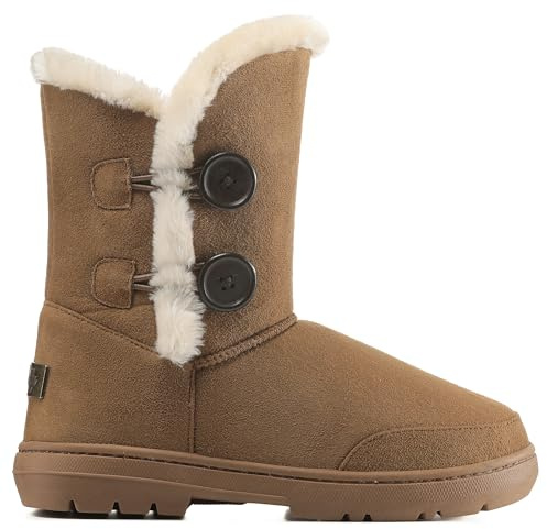 Holly Womens Waterproof Winter Snow Boots - Faux Fur Lined Warm Calf Boot with Side Button - Non Slip Sole, Insulated, Outdoor Walking Footwear - Tan - UK8/41