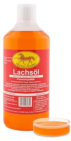 Scheidler horse-direkt Lachsöl für Hunde, Katzen und Pferde, reines Fischöl, Barf Öl ohne Zusätze, reich an Omega-3, 6- und 9-Fettsäuren,(14%, 18,2% und 44,9%) natürliches Einzelfuttermittel, 1 Liter