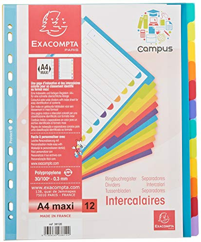 Exacompta - Réf. 3812E - Intercalaires en polypropylène rigide semi-opaques avec 12 onglets neutres Campus - Page d'indexation imprimable - Format à classer A4 maxi - Couleurs translucides