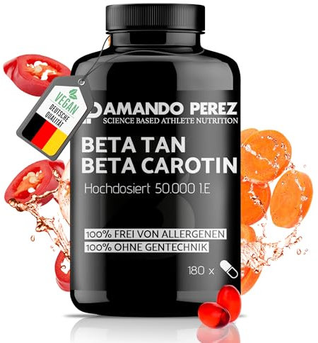 Amando Perez Beta Carotin 50.000 I.E. Depot Bräunungskapseln – 180 Softgels hochdosiert & vegan – Vorstufe von Vitamin A – ohne Gentechnik – Laborgeprüft in Deutschland