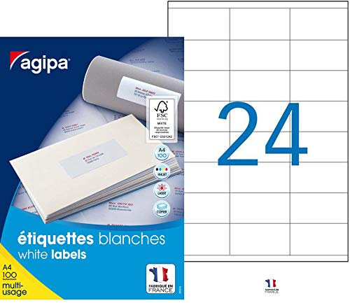 AGIPA Bte 2400 étiquette 70x35 mm (24 x 100F A4) Multi-usage Coin Droit Permanent Blanc