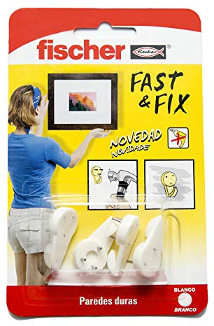 fischer Fast & Fix 3-Punkt-Bilder | Aufhängen von Bildern ohne Nägel oder Löcher | bis zu 16 kg mit 2 Haken | wiederverwendbar | Ideal für Holz, Gipskarton und Gips | 4 Stück | Weiß