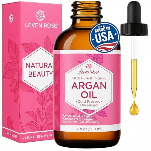 Leven Rose Virgin Argan Oil - Cold Pressed, 100% Organic for Hair, Skin, Face & Nails - Best Moroccan Anti-aging, Anti-wrinkle, Soaks in Quickly - Prevents Frizz & Increases Natural Hair Shine & Silkiness - Helps with Eczema, Acne, Dry Patches - Great As Natural Beard Oil and Conditioner - Moisturizer for Dry Skin & Cuticles - 100% Pure Oil