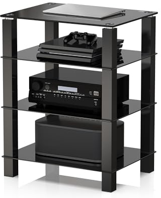 FITUEYES 4-Tier Media Stand Audio/Video Component Cabinet with Glass Shelf for/Apple Tv/Xbox One/ps4 AS406002GB