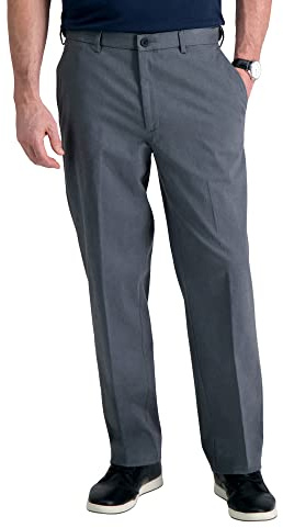 Haggar Men's Premium No Iron Classic Fit Expandable Waist Plain Front Pant, Charcoal Heather, 44Wx29L