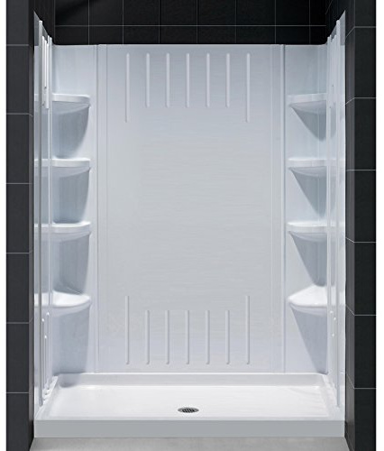 DreamLine 36 in. D x 60 in. W x 75 5/8 in. H Center Drain Acrylic Shower Base and QWALL-3 Backwall Kit In White, DL-6148C-01