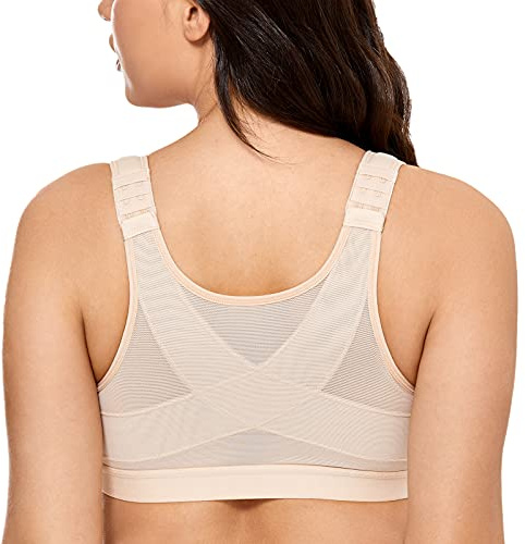 Delimira Women's Front Fastening Bras Non Wired Posture Correcting Back Support Post Surgery Bra Plus Size Comfort Taupe Tan 36B
