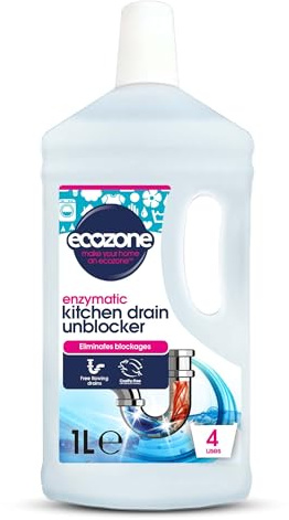 Ecozone Kitchen Drain Unblocker, Non-Toxic & Bleach-Free, Non Corrosive Cleaner, Enzyme Solution Breaks Down Soap Grease & Organic Blockages in Plug Holes, Septic Tank Safe & Vegan Friendly (1L)