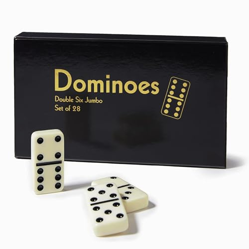 CHH Black/Cream Color Double 6 Jumbo Size Domino Tiles – Premium Set of 28 Ivory Dominoes – Classic Family Game in Cardboard Box