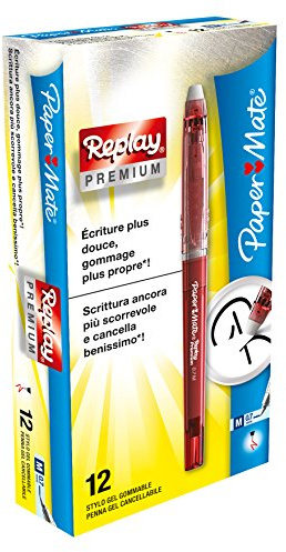 Paper Mate Replay Premium Penna Gel Cancellabile, Punta Media da 0,7 mm, Rosso, Confezione da 12