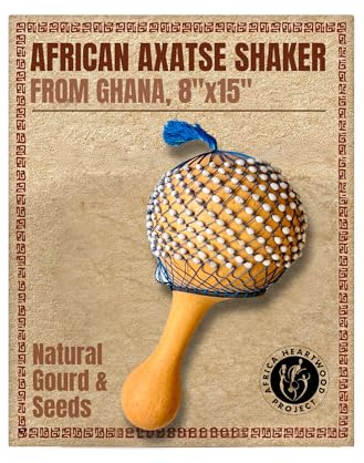 Africa Heartwood Project Axatse African Shaker - 8 X 15 Handmade Shekere Maraca with Durable Gourd Body, Natural Seed Beads, and Handle - Authentic Shakers Musical Instruments, Handcrafted in Ghana