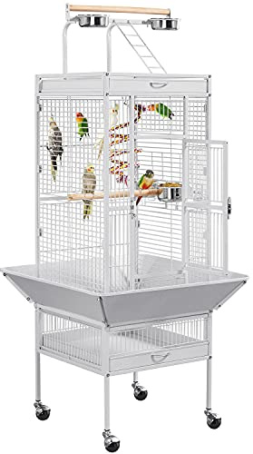 Yaheetech Wrought Iron Bird Cages, Play Top Large Aviary with Stand for Cockatiel Parrot Sun Parakeet Conures Lovebird Budgie Finch African Grey White, 61-inch