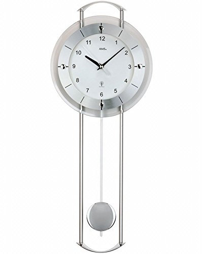 AMS 5254 Wanduhr, Funkpendeluhr mit Funk-Pendelwerk, Pendeluhr Aluminium und silberlackierte Metallstäbe, facettiertes Mineralglas, weißes Zifferblatt, arabische Ziffern, Maße: 24 x 60 x 6 cm