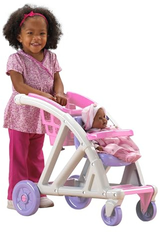 American Plastic Toys Shop with Me Stroller for Toddler & Kids Ages 2 and Up, 2-in-1 Stroller and Shopping Cart with Basket and Seat for Baby Doll