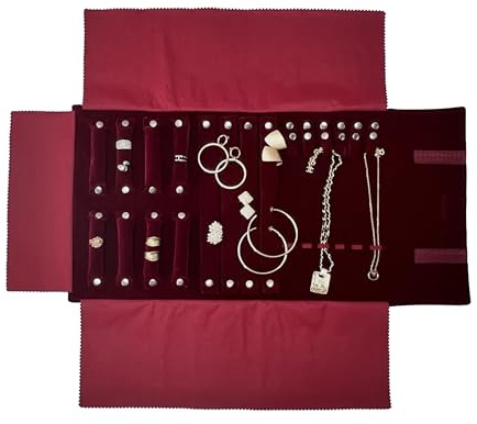 UnionPlus Velvet Jewelry Case Roll Bag for Necklace Bracelet Earrings Rings Multi-compartments, Great Jewelry Organizer for Travel, Burgundy