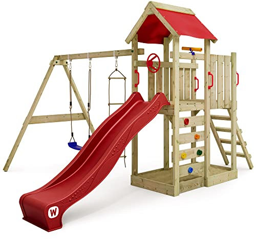 WICKEY Spielturm Klettergerüst MultiFlyer mit Schaukel & roter Rutsche, Outdoor Kinder Kletterturm mit Sandkasten, Leiter & Spiel-Zubehör für den Garten