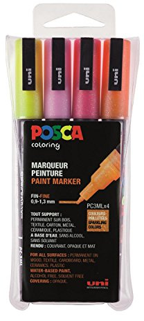 POSCA 186505 - POSCA Marker mit feiner Rundspitze, 4er Set, Glitter warme Farben
