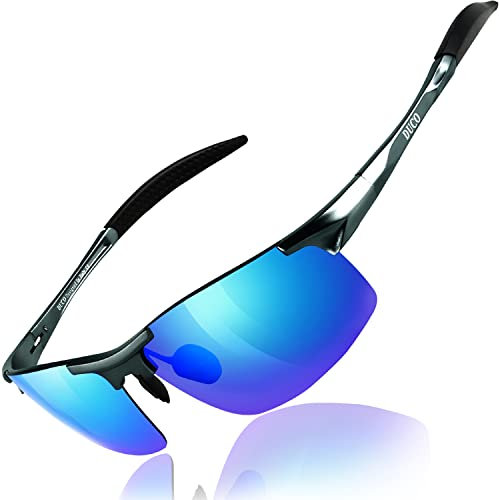 DUCO Herren Sportbrille Polarisierte Sonnenbrille Fahrerbrille Ultraleichte Al-Mg Metallrahmen UV400-Schutz Männer Sonnenbrillen 8177S (Gunmetal, Strahlende Blau)
