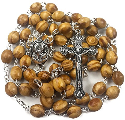 Nazareth Store Catholic Prayer Rosary Olive Wood Beads Necklace Holy Soil Medal & Metal Cross Velvet Gift Bag