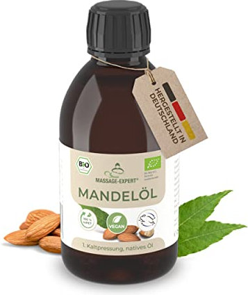 MASSAGE-EXPERT Mandelöl Bio kaltgepresst - Basisöl für Massage, Babymassage, Hautpflege und Haarpflege [250 ml Flasche mit Spritzeinsatz]