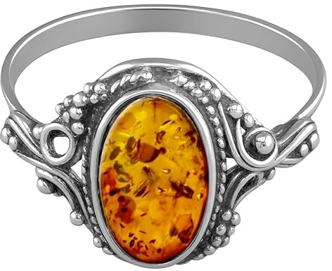 Anillo de ámbar con plata de ley estilo victoriano naranja marrón ovalado en concha, O, Plata, Ámbar