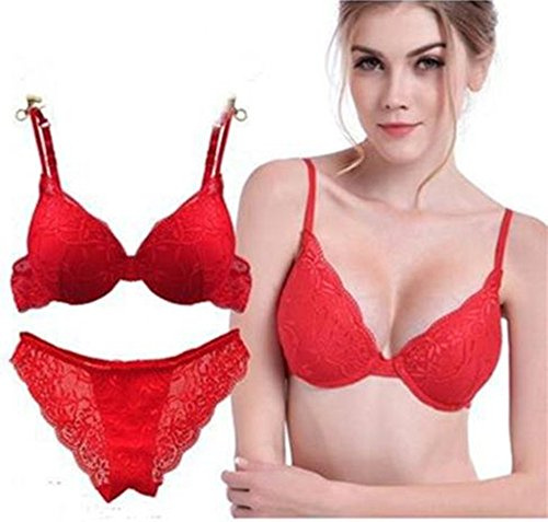 ZUKULIFE Nature Ensemble Soutien-Gorge en Satin et Dentelle Push-up rembourré - (Red 34C)