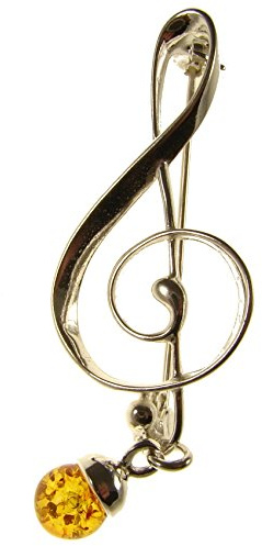 BALTIC AMBER AND STERLING SILVER 925 DESIGNER COGNAC MUSIC CLEF BROOCH PIN JEWELLERY JEWELRY