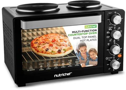 NutriChef 30 Quart Kitchen Convection Oven & 2 Burner Cooker - 1500 Watt Oven - 7 Cook Functions Rotisserie, Cook, Bake, Broil & More - Includes Baking Tray, Skewers & Handles - 19.6 x 16.0 x 13.5 IN