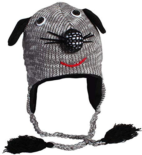 CHICNET Unisex Kinder Tiergesicht Winter Mütze Norwegermütze Nepalmütze Strick Tiermützen Bommeln Tiermütze Affe Maus Hund Waschbär grau rot schwarz weiß Mädchen Jungen