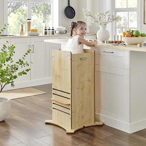 The Safest Learning Tower | FunPod Kitchen Helper Stool for Toddlers | Height‑Adjustable Enclosed Learning Tower | Natural